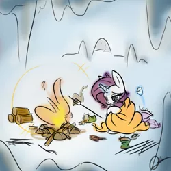 Size: 1024x1024 | Tagged: safe, artist:mrasianhappydude, derpibooru import, rarity, pony, unicorn, atg 2014, blanket, bonfire, campfire, canned food, cave, food, freezing, glowing horn, horn, marshmallow, solo, winter