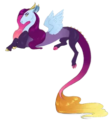 Size: 600x654 | Tagged: artist:vindhov, cloven hooves, colored hooves, crack ship offspring, derpibooru import, draconequus, draconequus oc, gradient mane, interspecies offspring, oc, offspring, parent:discord, parent:sassy saddles, prone, safe, simple background, solo, transparent background, unofficial characters only