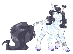 Size: 600x444 | Tagged: safe, artist:vindhov, derpibooru import, oc, unofficial characters only, hybrid, unicorn, zebra, zebracorn, zony, bracelet, colored hooves, eyeshadow, feathered fetlocks, female, interspecies offspring, jewelry, long tail, magical lesbian spawn, makeup, mare, offspring, parent:princess celestia, parent:zecora, parents:zelestia, purple eyes, simple background, solo, tail feathers, transparent background