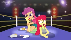 Size: 3999x2249 | Tagged: safe, artist:metalhead97, derpibooru import, apple bloom, scootaloo, equestria girls, angry, barefoot, boxing ring, clothes, feet, fetish, foot fetish, foot worship, licking, licking foot, screaming, show accurate, sock, spongebob squarepants, sports, tanktop, the fry cook games, this is personal, tongue out, wrestling