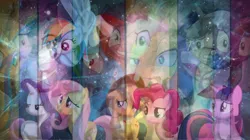 Size: 2048x1147 | Tagged: safe, derpibooru import, applejack, fluttershy, pinkie pie, rainbow dash, rarity, twilight sparkle, alicorn, earth pony, pegasus, pony, unicorn, elements of insanity, applepills, blushing, brutalight sparcake, demented six, element of generosity, element of honesty, element of kindness, element of laughter, element of loyalty, element of magic, elements of harmony, eyestrain warning, fluttershout, galaxy, insanity, mane six, pinkis cupcake, rainbine, rarifruit