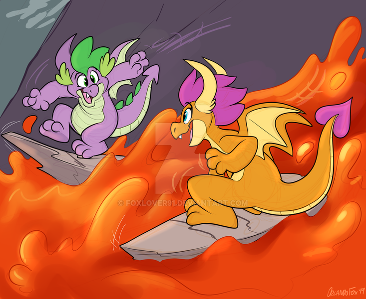 Size: 1024x838 | Tagged: safe, artist:thedoggygal, derpibooru import, smolder, spike, dragon, baby, baby dragon, cute, dragon lands, dragoness, duo, female, happy, lava, lava surfing, looking at each other, male, obtrusive watermark, rock, signature, smolderbetes, spikabetes, surfing, watermark, winged spike