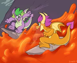 Size: 1024x838 | Tagged: safe, artist:thedoggygal, derpibooru import, smolder, spike, dragon, baby, baby dragon, cute, dragon lands, dragoness, duo, female, happy, lava, lava surfing, looking at each other, male, obtrusive watermark, rock, signature, smolderbetes, spikabetes, surfing, watermark, winged spike