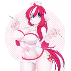 Size: 2204x2204 | Tagged: abstract background, anthro, anthro oc, artist:tolsticot, belly button, big breasts, breasts, clothes, derpibooru import, female, floppy ears, gloves, heart eyes, needle, nurse, oc, oc:cherry pop, rubber gloves, shirt, shorts, smiling, solo, solo female, suggestive, syringe, unofficial characters only, wingding eyes