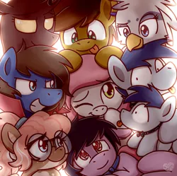 Size: 1939x1934 | Tagged: safe, artist:sugar morning, derpibooru import, oc, oc:atsy, oc:beefy, oc:bizarre song, oc:first crush, oc:junebug, oc:slipstream, oc:sugar morning, oc:twitchyylive, oc:vixen, unofficial characters only, changeling, dog, dog pony, gryphon, pony, robot, robot pony, boofy, bust, cape, clothes, collar, cute, female, glasses, male, mare, oc x oc, portrait, scarf, shipping, simple background, smiling, squad, stallion, straight, sugarre, sugarstream, tongue out