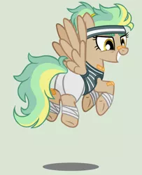 Size: 1024x1259 | Tagged: safe, artist:loveedovey, artist:pegasski, derpibooru import, oc, oc:golden daze, pegasus, pony, bandaid, base used, clothes, female, flying, grin, mare, shirt, shorts, simple background, smiling, solo