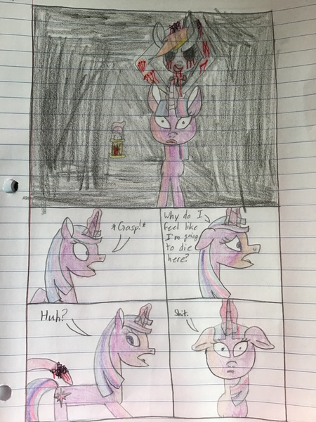 Size: 2448x3264 | Tagged: semi-grimdark, artist:rainbow dash is best pony, derpibooru import, pinkie pie, rainbow dash, twilight sparkle, pony, comic:my little amnesia, bite mark, black sclera, blood, bloody, bloody mouth, chains, colored pencil drawing, comic, evil, killer, knife, lined paper, pencil drawing, scratches, this might end in death, this will not end well, traditional art, vulgar, vulgar description, x