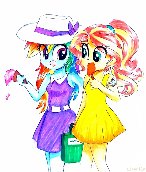 Size: 1514x1780 | Tagged: safe, artist:liaaqila, derpibooru import, rainbow dash, sunset shimmer, equestria girls, alternate costumes, alternate hairstyle, clothes, dress, food, hat, ice cream, popsicle, rainbow dash always dresses in style, sleeveless, traditional art