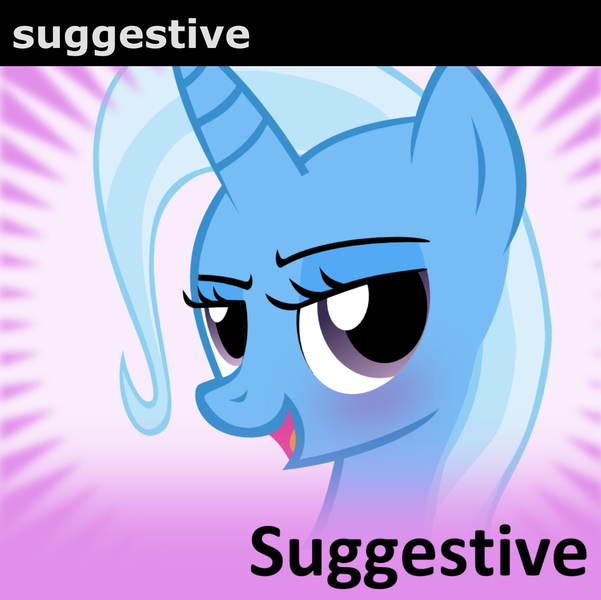 Size: 1326x1324 | Tagged: safe, derpibooru import, trixie, pony, derpibooru, background pony strikes again, blushing, clickbait, meta, meta:suggestive, prank, spoiler image, spoilered image, spoilered image joke