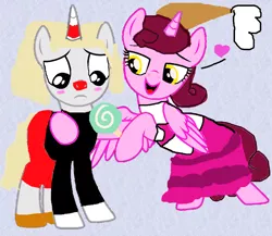 Size: 1024x887 | Tagged: safe, artist:katierose45, artist:klewgcg, derpibooru import, ponified, alicorn, pony, unicorn, 1000 hours in ms paint, alicornified, baroness von bon bon, base used, blushing, candy, clothes, crossover, crossover shipping, cuphead, cuphead (character), dress, food, gloves, lollipop, long sleeves, race swap, shipping, shirt, shoes, shorts, studio mdhr