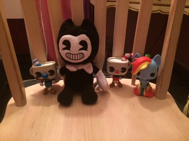 Size: 640x480 | Tagged: artist:katierose45, barely pony related, bendy, bendy and the ink machine, chair, cuphead, cuphead (character), derpibooru import, funko, funko figure, funko pop!, irl, mugman, my little pony: the movie, photo, plushie, rainbow dash, safe, seaponified, seapony (g4), seapony rainbow dash, species swap, studio mdhr, toy
