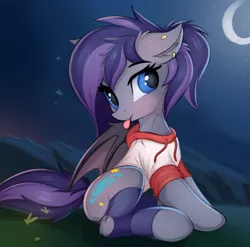 Size: 1838x1817 | Tagged: safe, artist:twiren, derpibooru import, oc, oc:andromeda galaktika, unofficial characters only, bat pony, pony, :p, bat pony oc, bat wings, clothes, cute, ear piercing, female, hoodie, mare, piercing, ponytail, silly, sitting, tongue out, wings