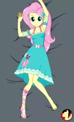 Size: 1517x2500 | Tagged: safe, artist:rexpony, derpibooru import, fluttershy, human, equestria girls, equestria girls series, armpits, barefoot, body pillow, body pillow design, bronybait, clothes, cute, dress, feet, female, looking at you, one shoe off, sandals, shyabetes, smiling, solo