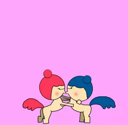 Size: 2048x2010 | Tagged: safe, artist:undeadponysoldier, derpibooru import, oc, oc:dolly, oc:molly, unofficial characters only, pony, blushing, female, kissing, lesbian, oc x oc, pink background, purple background, shipping, simple background, twins