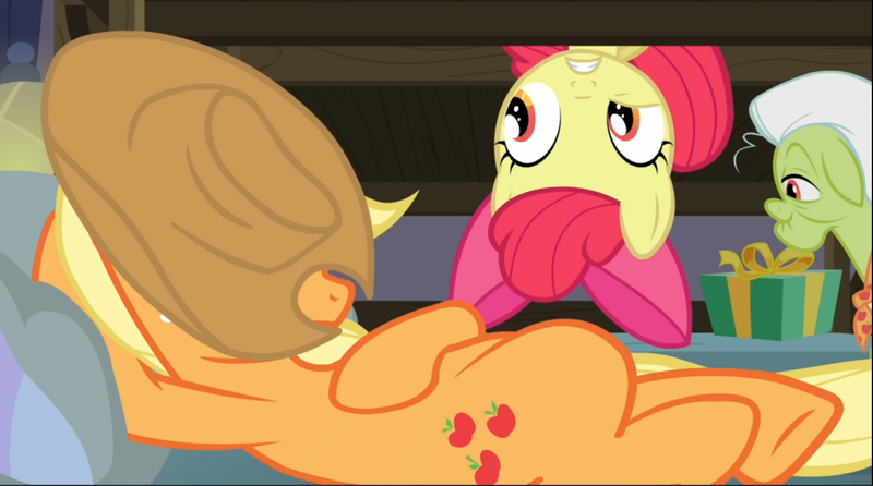 Size: 1404x782 | Tagged: safe, derpibooru import, screencap, apple bloom, applejack, granny smith, earth pony, pony, hearthbreakers, bed, bow, elderly, female, filly, hair bow, hat over eyes, hooves behind head, laying on bed, mare, on bed, solo focus, upside down