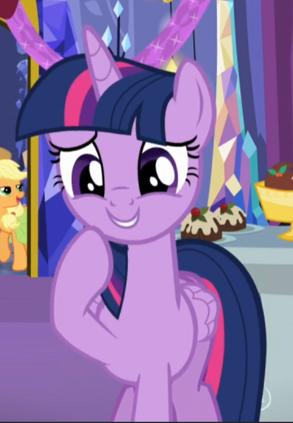 Size: 488x704 | Tagged: safe, derpibooru import, screencap, applejack, twilight sparkle, twilight sparkle (alicorn), alicorn, earth pony, pony, hearthbreakers, cropped, cute, female, giggling, mare, open mouth, raised hoof, smiling, solo focus, twiabetes