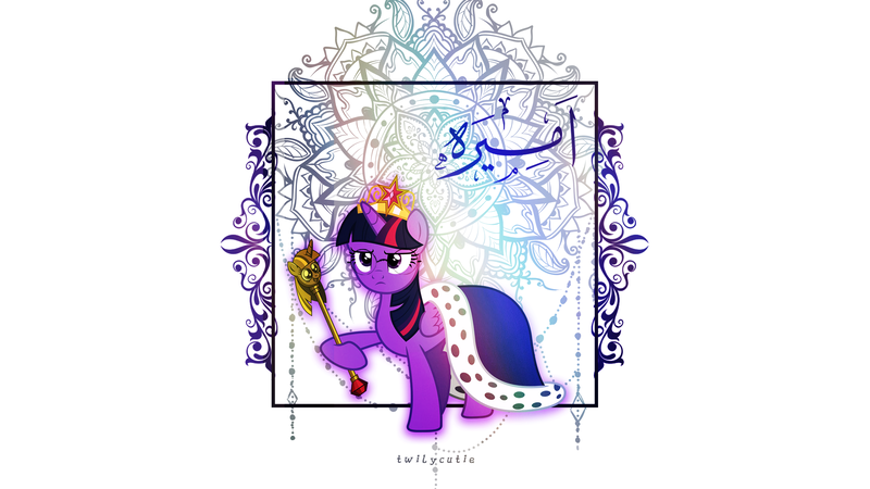 Size: 2560x1440 | Tagged: safe, derpibooru import, edit, twilight sparkle, twilight sparkle (alicorn), alicorn, pony, arabic, big crown thingy, calligraphy, crown, element of magic, jewelry, meta, regalia, scepter, solo, twilight scepter, vintage, wallpaper