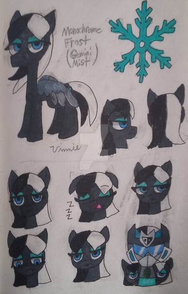 Size: 1024x1596 | Tagged: safe, artist:tobiisabunny, derpibooru import, cozy glow, oc, oc:monochrome frost, pony, robot, robot pony, indifference, monochrome, opposite of loyalty, solo, soundwave, traditional art