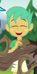 Size: 201x403 | Tagged: safe, derpibooru import, screencap, snails, equestria girls, legend of everfree, camp everfree outfits, clothes, cropped, cute, diasnails, eyes closed, male, shorts, smiling, solo