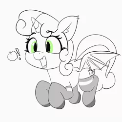 Size: 1280x1281 | Tagged: safe, artist:pabbley, derpibooru import, sweetie belle, alicorn, bat pony, bat pony alicorn, pony, alicornified, apple, bat ponified, bat wings, clothes, exclamation point, fangs, female, food, horn, monochrome, neo noir, open mouth, partial color, race swap, simple background, smiling, socks, solo, sweetie bat, white background, wings