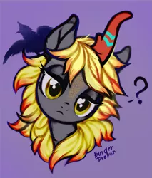 Size: 1283x1505 | Tagged: artist needed, bird, bust, curved horn, derpibooru import, dungeons and dragons, female, head tilt, horn, kirin, kirin oc, lidded eyes, mare, oc, oc:electra pleiades, pen and paper rpg, ponyfinder, portrait, purple background, question mark, raven (bird), rpg, safe, simple background, solo, source needed, unofficial characters only
