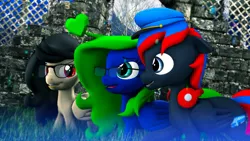 Size: 1920x1080 | Tagged: safe, artist:caveboy2000, derpibooru import, oc, oc:flamerock, oc:smooth walker, oc:thundy, pony, 3d, cute, family, female, glasses, grass, group, group photo, group shot, hat, headphones, heart, male, mare, source filmmaker, stallion