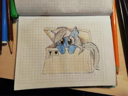 Size: 2560x1920 | Tagged: artist needed, safe, derpibooru import, oc, oc:recky rich, unofficial characters only, pegasus, pony, box, cute, graph paper, pony in a box, sketch, solo, traditional art