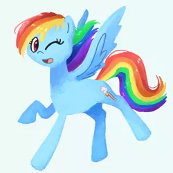 Size: 500x500 | Tagged: safe, artist:nightmare fuel, derpibooru import, rainbow dash, pegasus, pony, female, looking at you, mare, one eye closed, running, simple background, smiling, solo, wings, wink