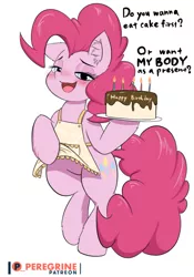 Size: 560x800 | Tagged: apron, artist:phoenixperegrine, bipedal, bronybait, cake, clothes, cute, derpibooru import, dialogue, female, food, patreon, patreon logo, pinkie pie, solo, solo female, suggestive