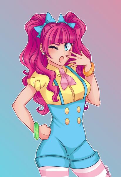 Size: 1372x2000 | Tagged: safe, artist:nemovonsilver, derpibooru import, pinkie pie, human, equestria girls, alternate hairstyle, bow, cute, diapinkes, female, gradient background, hair bow, hand on hip, humanized, nail polish, one eye closed, open mouth, pigtails, solo, suspenders, wink, yawn