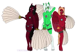 Size: 2400x1600 | Tagged: suggestive, artist:tertonda, deleted from derpibooru, derpibooru import, oc, oc:jasmine jade, oc:ruby, oc:sugar buns, unofficial characters only, anthro, pegasus, unguligrade anthro, unicorn, anthro oc, armpits, breasts, clothes, commission, feather fans, female, gift art, mare, milf, panties, pasties, simple background, smiling, transparent background, underwear