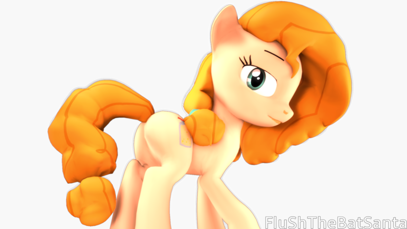 Size: 2044x1150 | Tagged: safe, artist:flushthebatsanta, derpibooru import, pear butter, earth pony, pony, 3d, butt, female, looking back, mare, plot, raised hoof, simple background, transparent background