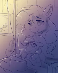 Size: 960x1200 | Tagged: safe, artist:ardail, derpibooru import, applejack, pear butter, earth pony, pony, bed, bedroom, blanket, cowboy hat, cute, duo, duo female, ear fluff, feels, female, filly, grayscale, guitar, hat, hug, mare, monochrome, mother and child, mother and daughter, musical instrument, petting, sketch, stetson, window