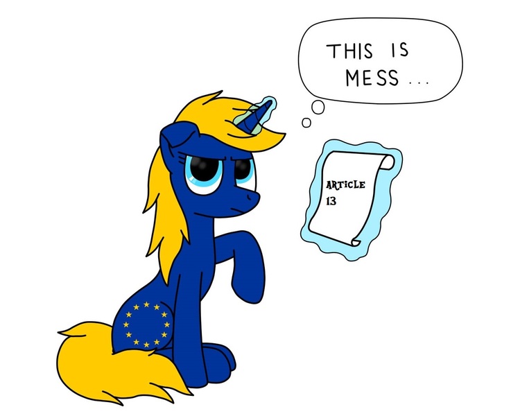 Size: 1322x1076 | Tagged: safe, artist:zocidem, derpibooru import, oc, oc:europa, ponified, pony, article 13, europe, european union, op is misinformed, politics, simple background, solo, speech bubble, white background