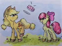 Size: 618x463 | Tagged: safe, artist:lightisanasshole, derpibooru import, apple bloom, applejack, big macintosh, pony, apple siblings, apple sisters, birthday, birthday cake, brother and sister, cake, candle, cute, duo, eye clipping through hair, fluffy, food, kicking, siblings, sisters, traditional art