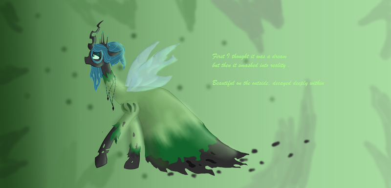 Size: 9472x4576 | Tagged: artist:mr100dragon100, changeling, changeling queen, clothes, derpibooru import, dress, female, queen chrysalis, safe, song reference