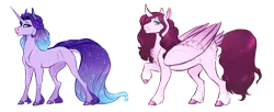 Size: 1024x417 | Tagged: safe, artist:vindhov, derpibooru import, oc, unofficial characters only, alicorn, pony, unicorn, alicorn oc, colored fetlocks, commission, crack ship offspring, curved horn, duo, ethereal mane, female, horn, magical lesbian spawn, mare, offspring, parent:cloudy quartz, parent:diamond tiara, parent:princess cadance, parent:princess luna, parents:lunatiara, raised hoof, realistic horse legs, simple background, starry mane, tail feathers, transparent background, wings