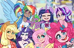 Size: 2859x1850 | Tagged: safe, artist:annakitsun3, derpibooru import, kotobukiya, applejack, fluttershy, pinkie pie, rainbow dash, rarity, spike, starlight glimmer, twilight sparkle, twilight sparkle (alicorn), alicorn, dragon, human, equestria girls, equestria girls series, armpits, canterlot, clothes, eared humanization, female, horn, horned humanization, humanized, mane seven, mane six, smiling, winged humanization, winged spike, wings