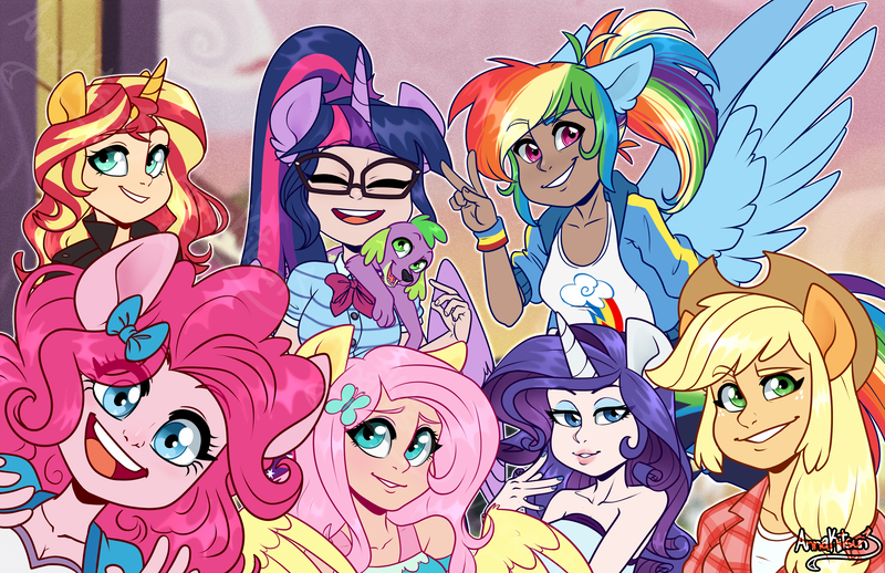 Size: 2859x1850 | Tagged: safe, artist:annakitsun3, derpibooru import, kotobukiya, applejack, fluttershy, pinkie pie, rainbow dash, rarity, sci-twi, spike, spike the regular dog, sunset shimmer, twilight sparkle, dog, human, equestria girls, equestria girls series, clothes, cute, dark skin, dashabetes, diapinkes, eared humanization, eye clipping through hair, eyebrows visible through hair, female, horn, horned humanization, human coloration, humane five, humane seven, humane six, humanized, jackabetes, kotobukiya rainbow dash, light skin, male, open mouth, paws, ponied up, ponytail, raribetes, scitwilicorn, shimmerbetes, shyabetes, smiling, twiabetes, winged humanization, wings