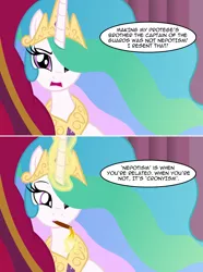 Size: 2152x2888 | Tagged: safe, artist:badumsquish, derpibooru import, princess celestia, alicorn, pony, 2 panel comic, abuse of power, angry, cigar, comic, cronyism, definition, dialogue, fact, female, fire, frown, implied shining armor, j. jonah jameson, jewelry, magic, nepotism, open mouth, reclining, regalia, show accurate, smoking, solo, spider-man, talking to viewer, telekinesis, that's how mafia works, throne, truth