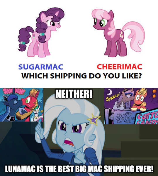 Size: 1280x1424 | Tagged: safe, derpibooru import, edit, edited screencap, idw, screencap, big macintosh, cheerilee, princess luna, sugar belle, trixie, equestria girls, rainbow rocks, spoiler:comic, caption, cheerimac, female, image macro, kiss on the cheek, kiss on the lips, kissing, lunamac, male, meme, mouthpiece, shipping, straight, sugarmac, take a third option, text, trixie yells at everything