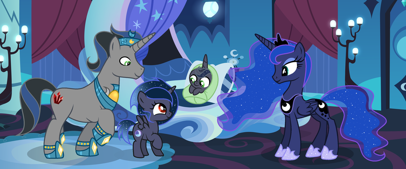 Size: 2961x1237 | Tagged: safe, artist:velveagicsentryyt, derpibooru import, king sombra, princess luna, oc, oc:moonlight moon, oc:moonlight sonata, alicorn, pony, baby, baby pony, female, filly, good king sombra, image, lumbra, magic, male, offspring, parent:king sombra, parent:princess luna, parents:lumbra, png, ship:lumbra, shipping, sombra's cutie mark, straight