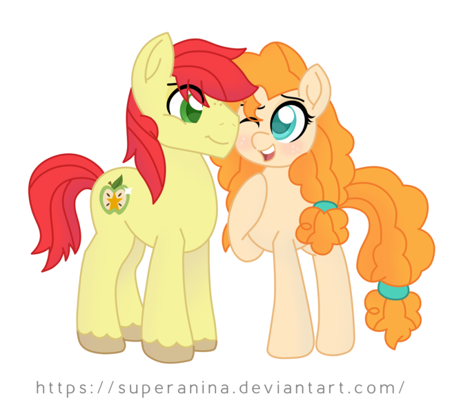Size: 5349x4926 | Tagged: safe, artist:superanina, derpibooru import, bright mac, pear butter, pony, brightbutter, canon couple, couple, female, happy, hoof on chest, husband and wife, love, male, mare, missing accessory, one eye closed, shipping, simple background, smiling, stallion, straight, transparent background, unshorn fetlocks