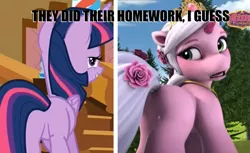 Size: 839x515 | Tagged: safe, derpibooru import, editor:pony-berserker, screencap, twilight sparkle, twilight sparkle (alicorn), alicorn, pony, unicorn, unicorn filly, butt, female, filly funtasia, flower, flower in hair, i watch it for the plot, looking at you, plot, rose (filly funtasia)