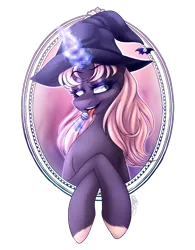 Size: 1543x1975 | Tagged: safe, artist:ggchristian, derpibooru import, oc, oc:clementine, pony, unicorn, bust, candy, female, food, hat, lollipop, magic, mare, portrait, solo, witch hat