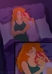 Size: 1280x1810 | Tagged: safe, artist:feellikeaplat, deleted from derpibooru, derpibooru import, adagio dazzle, sunset shimmer, equestria girls, bed, bedroom, blushing, clothes, commission, female, hand on face, lesbian, pajamas, shipping, sunsagio