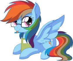 Size: 7055x5903 | Tagged: safe, artist:aureai-sketches, artist:cyanlightning, derpibooru import, rainbow dash, pegasus, pony, .svg available, :p, absurd resolution, adorkable, book, cute, dashabetes, dork, ear fluff, egghead dash, female, glasses, mare, nerd, prone, silly, simple background, sitting, smiling, solo, spread wings, tongue out, transparent background, vector, wings