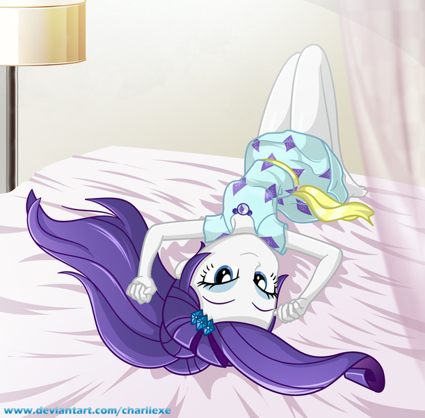 Size: 875x859 | Tagged: safe, artist:charliexe, derpibooru import, rarity, equestria girls, equestria girls series, spring breakdown, spoiler:eqg series (season 2), barefoot, beautiful, beautisexy, bed, bedroom eyes, clothes, dress, feet, female, geode of shielding, lamp, legs, lidded eyes, looking at you, magical geodes, on back, on bed, seductive pose, sexy, smiling, solo, upside down