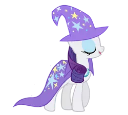 Size: 1600x1440 | Tagged: safe, artist:rarity6195, derpibooru import, rarity, pony, unicorn, accessory theft, cape, clothes, eyes closed, female, hat, mare, simple background, smiling, solo, transparent background, trixie's cape, trixie's hat, vector