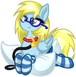 Size: 1740x1753 | Tagged: safe, artist:x-blackpearl-x, derpibooru import, oc, oc:cloud cuddler, unofficial characters only, pegasus, pony, clothes, collar, female, glasses, leash, name tag, pet play, pillow, simple background, socks, solo, striped socks, transparent background